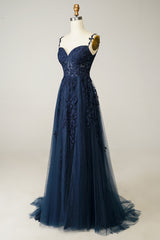 Formal Dress Gowns, A Line Spaghetti Straps Navy Prom Dress with Appliques