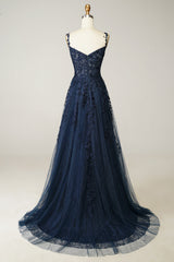 Formal Dresses Gown, A Line Spaghetti Straps Navy Prom Dress with Appliques