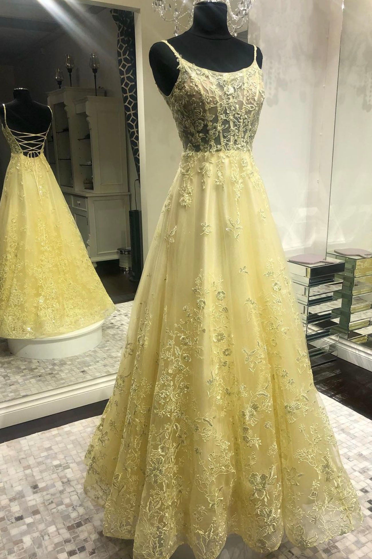 Prom Dress With Sleeve, Yellow Lace Long Prom Dresses, Yellow Spaghetti Straps Graduation Dresses