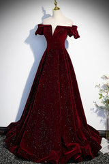 Homecoming Dresses Silk, Burgundy Velvet Long Prom Dresses, Off the Shoulder Formal Evening Dresses