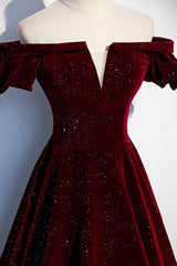 Homecoming Dresses Laces, Burgundy Velvet Long Prom Dresses, Off the Shoulder Formal Evening Dresses