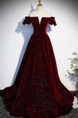 Homecomming Dresses Lace, Burgundy Velvet Long Prom Dresses, Off the Shoulder Formal Evening Dresses