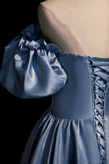 Evening Dresses Short, Cute Satin Long Prom Dresses, Blue Short Sleeve A-Line Evening Dresses