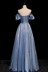 Evening Dresses Elegant, Cute Satin Long Prom Dresses, Blue Short Sleeve A-Line Evening Dresses