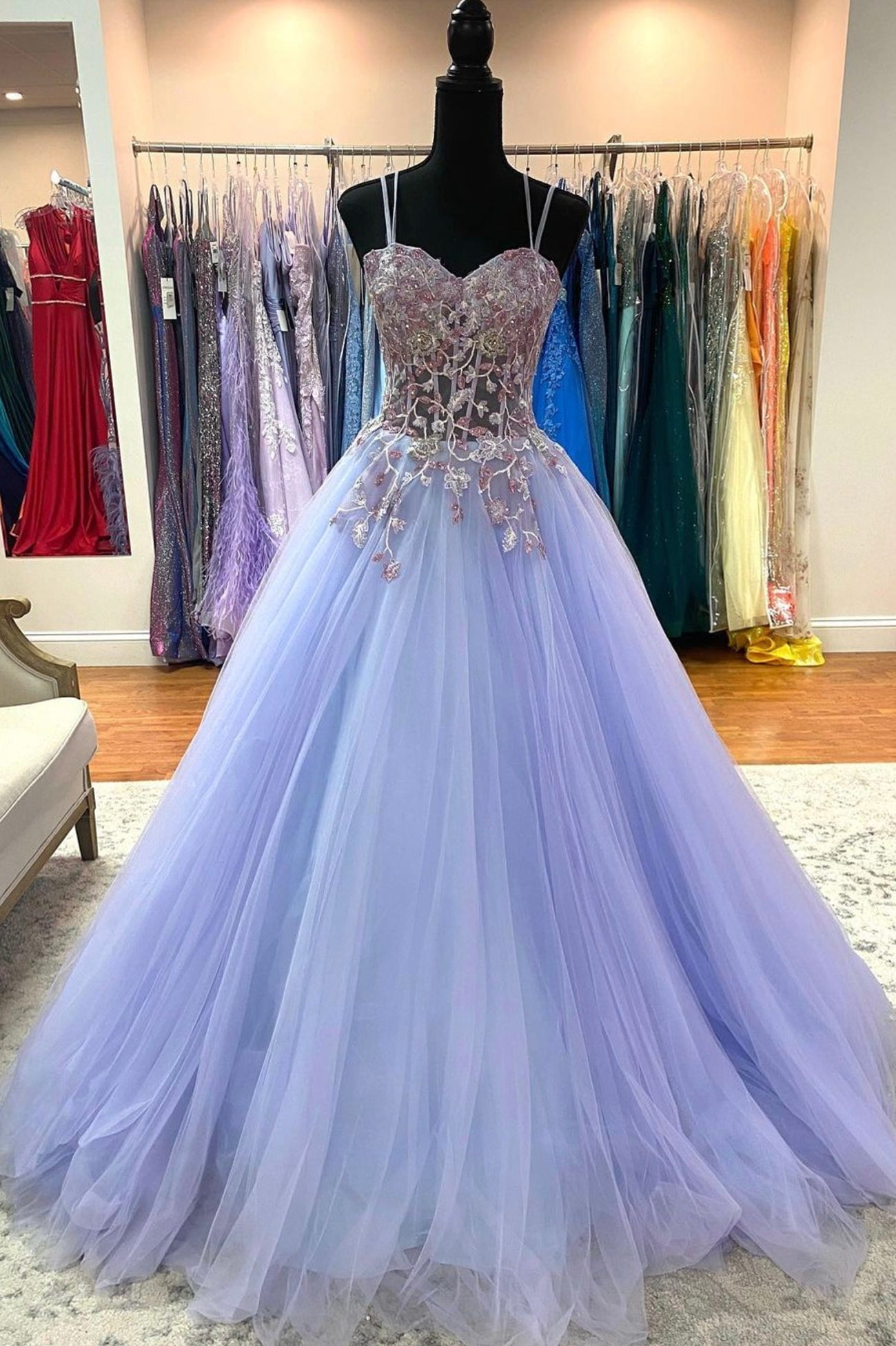 Bridesmaid Dress Color Palettes, Purple Tulle Lace Long Prom Dresses, A-Line Spaghetti Straps Graduation Dresses