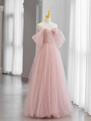 Bridesmaid Dresses Winter Wedding, Pink Tulle Long Prom Dress, Beautiful A-Line Off Shoulder Evening Dress