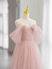 Bridesmaid Dresses For Winter Wedding, Pink Tulle Long Prom Dress, Beautiful A-Line Off Shoulder Evening Dress