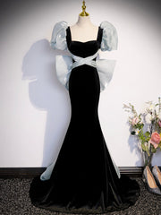 Bridesmaid Dress Uk, Black Velvet Long Prom Dress, Mermaid Evening Party Dress with Bow