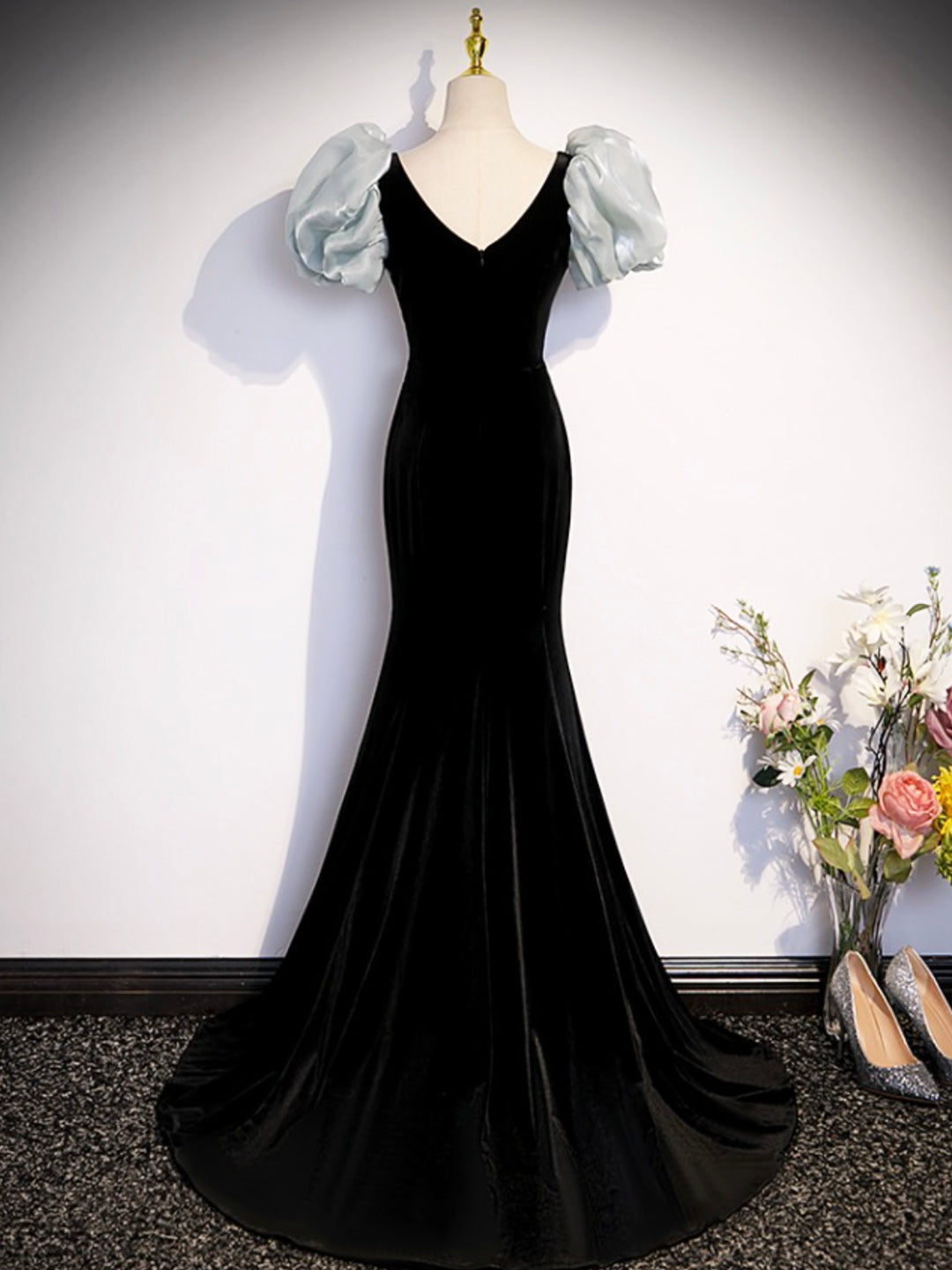 Bridesmaids Dresses Mismatched Fall, Black Velvet Long Prom Dress, Mermaid Evening Party Dress with Bow