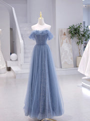 Princess Dress, Blue Strapless Tulle Long Prom Dress, Blue A-Line Evening Dress