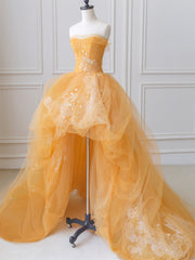 Rustic Wedding Dress, Orange Tulle Lace Long High Low Prom Dress, A-Line Strapless Evening Dress