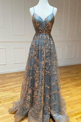 Party Dresses Night, Grey Tulle Sequins Long Prom Dresses, A-Line Spaghetti Straps Evening Dresses