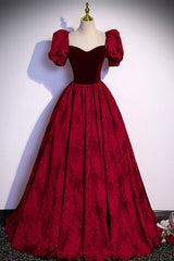 Homecoming Dresses Blues, Burgundy Velvet Long A-Line Prom Dress, Short Sleeve Evening Dress