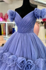 Prom Dresses For Teen, Blue V-neck Tulle Formal Dress with Flowers, Blue Floor Length Prom Dress