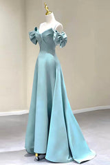 Bridesmaid Dresses Mismatching, Blue Satin Long A-Line Prom Dress, Off the Shoulder Evening Dress