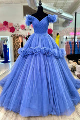 Prom Dress For Teen, Blue V-neck Tulle Formal Dress with Flowers, Blue Floor Length Prom Dress