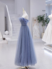 Evening Dress, Blue Strapless Tulle Long Prom Dress, Blue A-Line Evening Dress