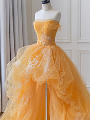Summer Wedding Color, Orange Tulle Lace Long High Low Prom Dress, A-Line Strapless Evening Dress