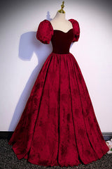 Homecomming Dresses Red, Burgundy Velvet Long A-Line Prom Dress, Short Sleeve Evening Dress