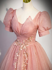 Wedding, Pink Tulle Floor Length Prom Dress with Short Sleeve, Beautiful A-Line Evening Dress