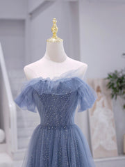 Evening Dress Elegant, Blue Strapless Tulle Long Prom Dress, Blue A-Line Evening Dress