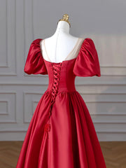 Prom Dresses For Short Girls, Burgundy Satin Long Prom Dresses, Lovely A-Line Formal Dresses