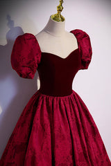 Homecomeing Dresses Red, Burgundy Velvet Long A-Line Prom Dress, Short Sleeve Evening Dress