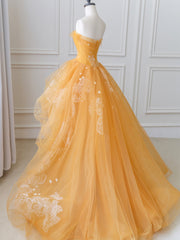 Black Tie Wedding, Orange Tulle Lace Long High Low Prom Dress, A-Line Strapless Evening Dress