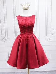 Prom Dressed Long, Burgundy Satin Lace Short Prom Dress, A-Line Homecoming Dress