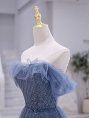 2037 Prom Dress, Blue Strapless Tulle Long Prom Dress, Blue A-Line Evening Dress