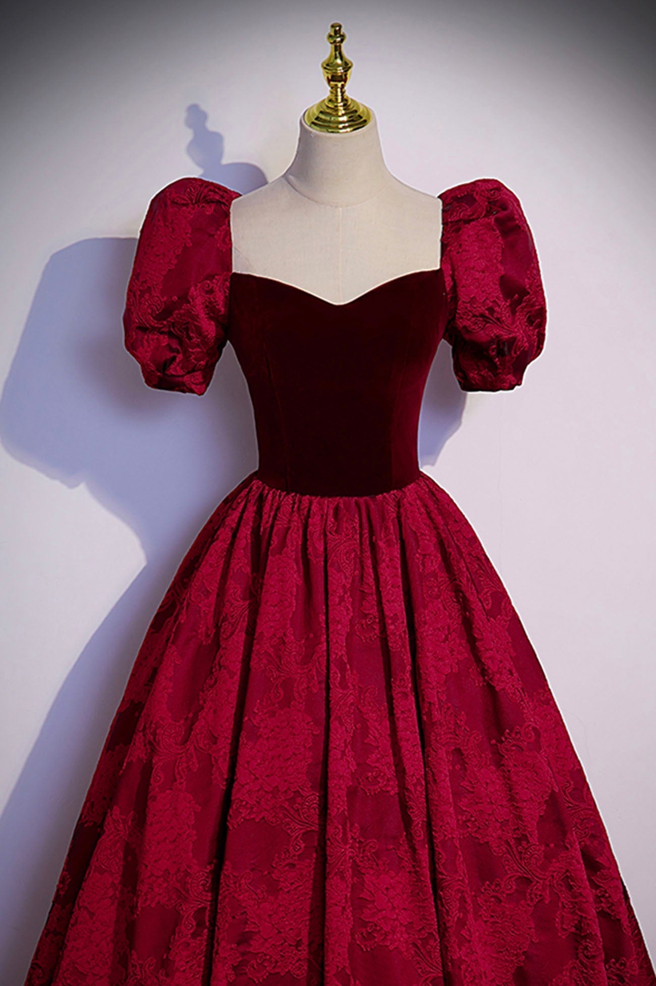 Homecoming Dress Red, Burgundy Velvet Long A-Line Prom Dress, Short Sleeve Evening Dress