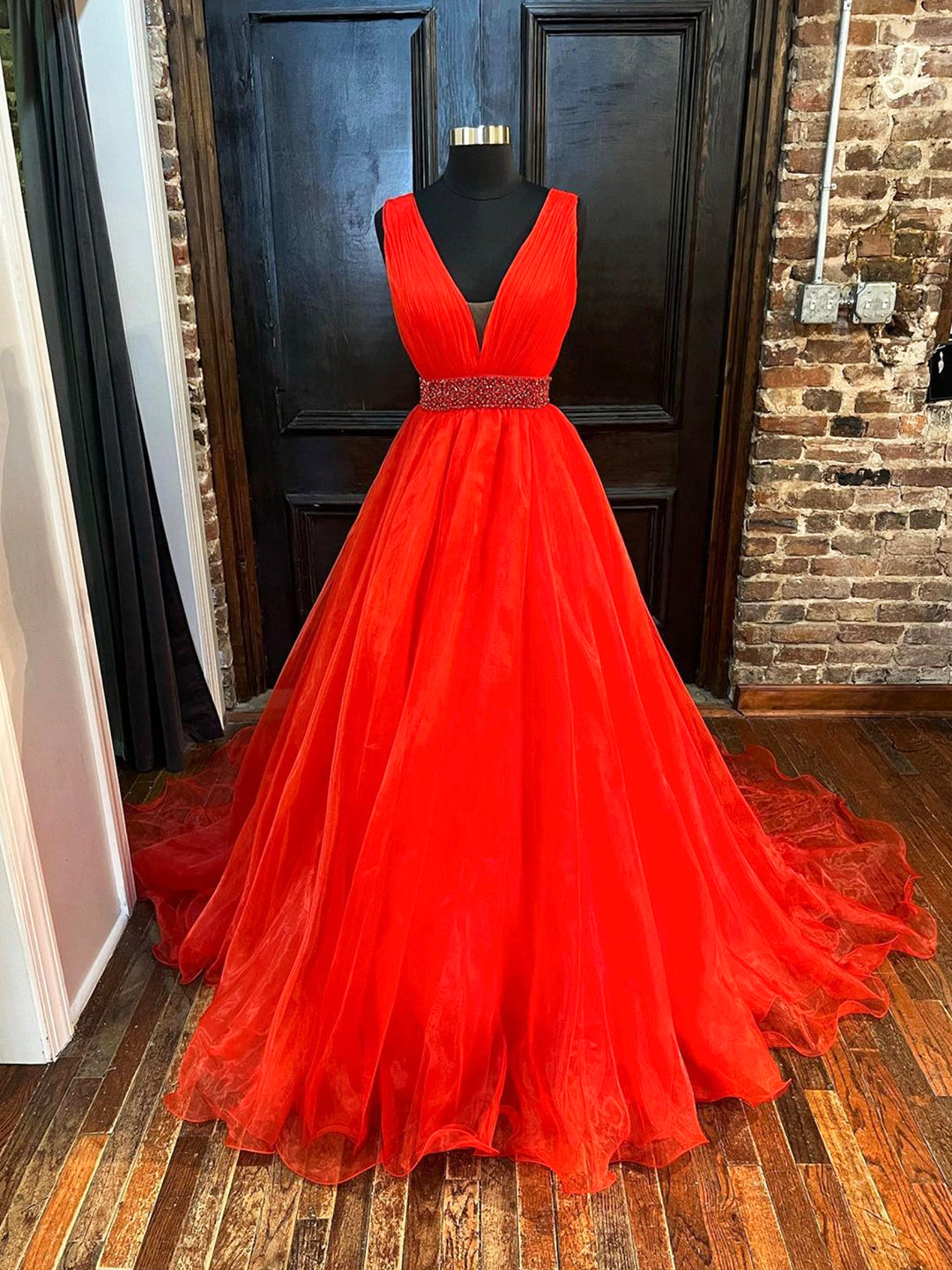 Vintage Prom Dress, Red V-Neck Tulle Long Prom Dress, Red A-Line Evening Dress with Beaded