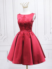 Prom Dresses Shopping, Burgundy Satin Lace Short Prom Dress, A-Line Homecoming Dress