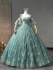 Prom Dress Blue, Green Floral Tulle Long Prom Dress, Cute Off Shoulder Evening Party Dress