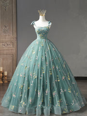 Prom Dress Ideas, Green Floral Tulle Long Prom Dress, Cute Off Shoulder Evening Party Dress