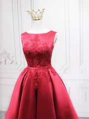 Prom Dresses Shop, Burgundy Satin Lace Short Prom Dress, A-Line Homecoming Dress