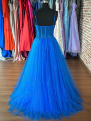 Bridesmaid Dresses Color Scheme, Blue Spaghetti Strap Tulle Formal Dress, Blue Evening Dress with Lace