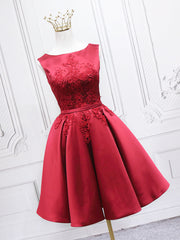 Prom Dress Shops, Burgundy Satin Lace Short Prom Dress, A-Line Homecoming Dress