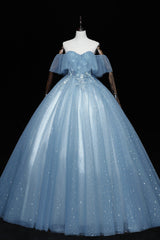 Prom Dresses Emerald Green, Blue Tulle Lace Long Prom Dresses, A-Line Off the Shoulder Evening Dresses