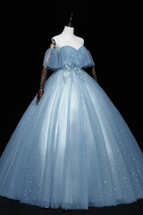 Prom Dress, Blue Tulle Lace Long Prom Dresses, A-Line Off the Shoulder Evening Dresses