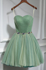 Party Dress Afternoon Tea, Green Strapless Tulle Short Prom Dress, A-Line Evening Party Dress