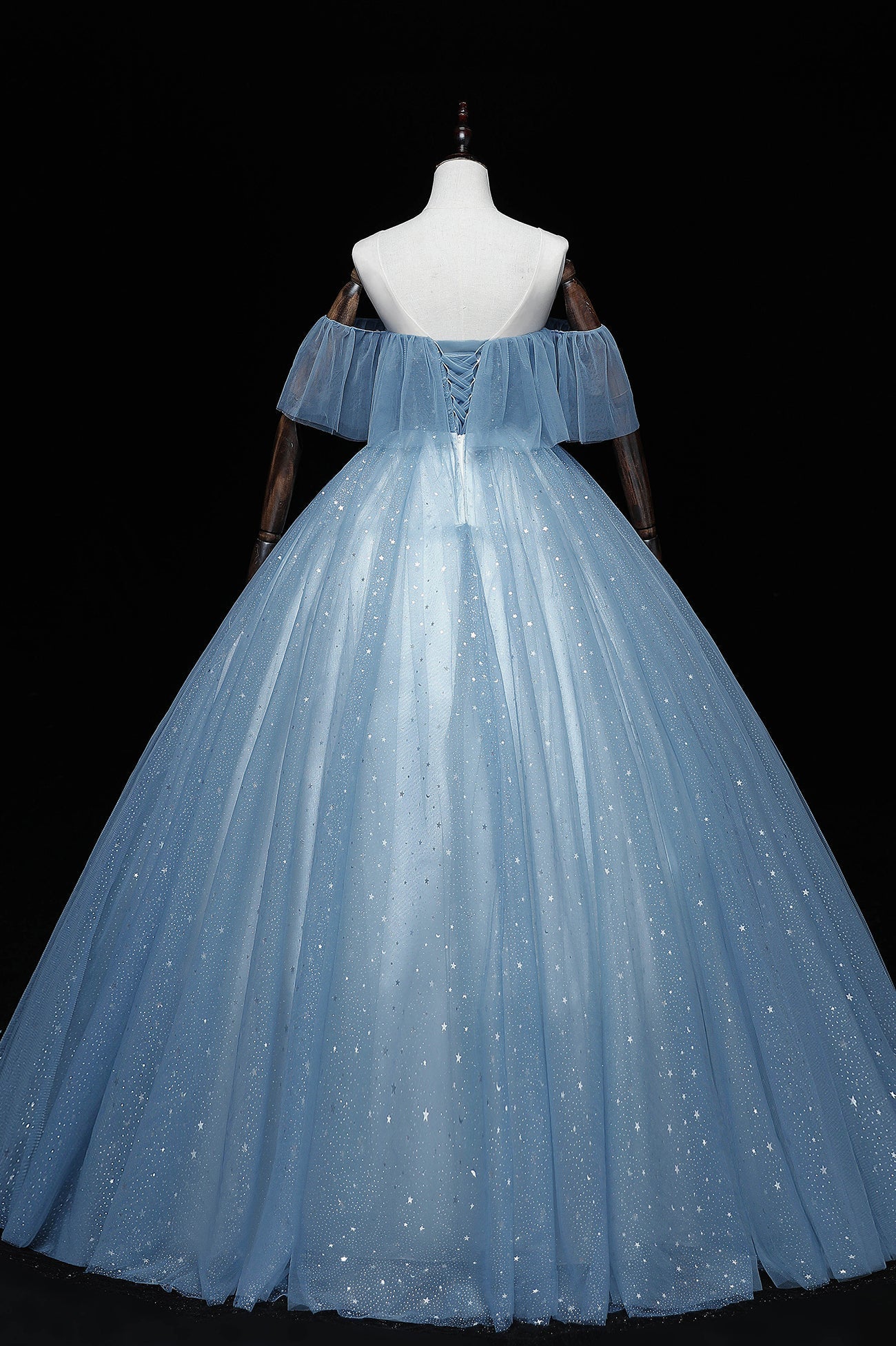 Prom Dresses, Blue Tulle Lace Long Prom Dresses, A-Line Off the Shoulder Evening Dresses