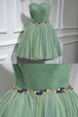 Party Dress Ideas For Curvy Figure, Green Strapless Tulle Short Prom Dress, A-Line Evening Party Dress