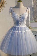 Bridesmaid Dresses 3 17 Length, Blue Lace Short A-Line Prom Dress, Cute Spaghetti Strap Party Dress