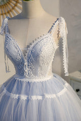 Bridesmaid Dress As Wedding Dress, Blue Lace Short A-Line Prom Dress, Cute Spaghetti Strap Party Dress