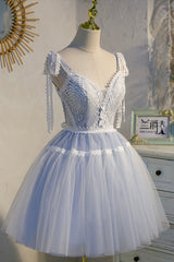 Bridesmaids Dress Websites, Blue Lace Short A-Line Prom Dress, Cute Spaghetti Strap Party Dress