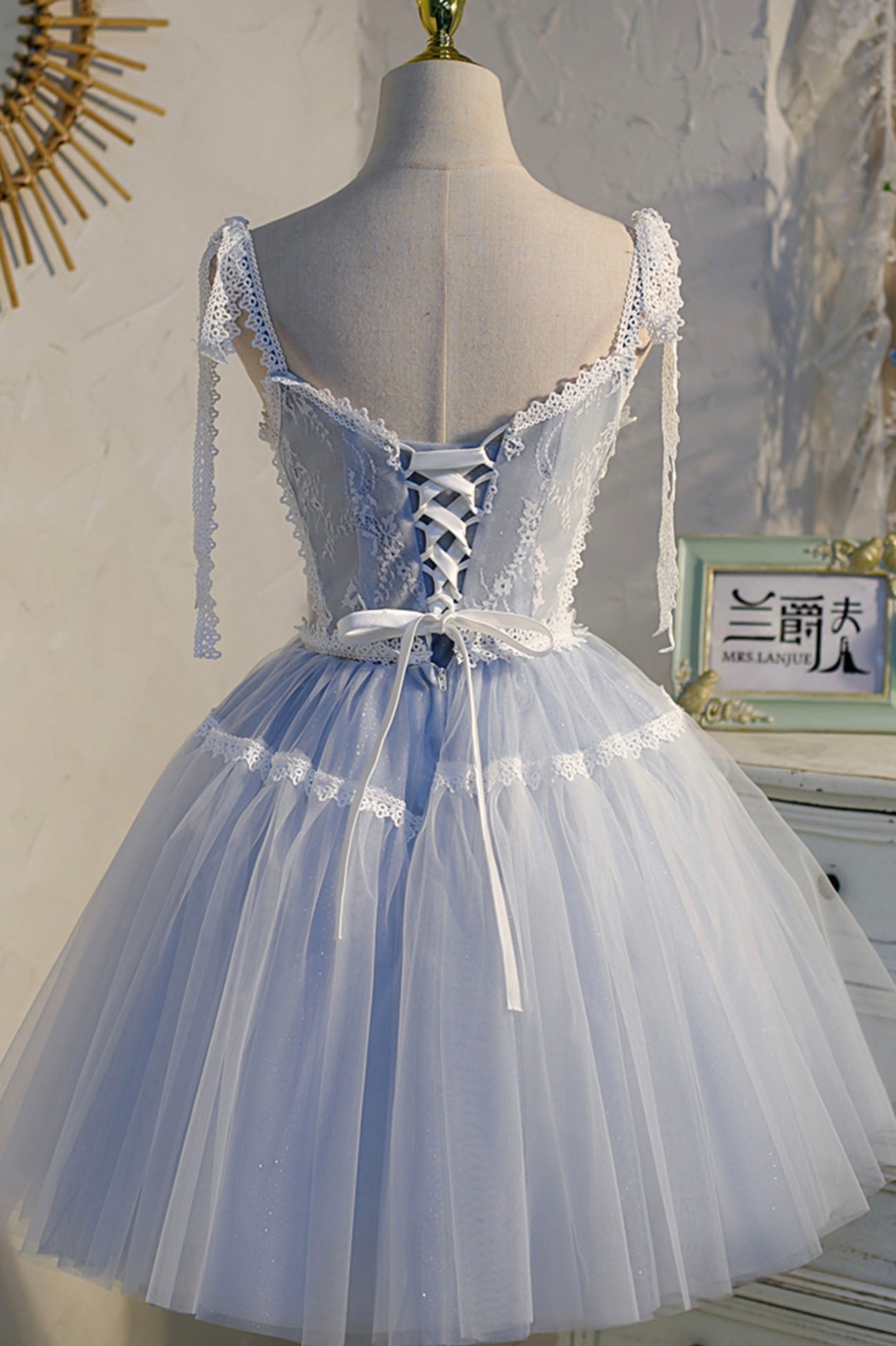 Bridesmaid Dresses Website, Blue Lace Short A-Line Prom Dress, Cute Spaghetti Strap Party Dress