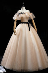 Evening Dress Prom, Champagne Tulle Long Prom Dresses, A-Line Princess Evening Dress