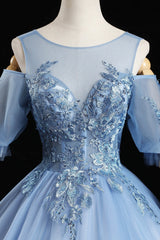 Bridesmaid Dress Affordable, Blue Lace Long A-Line Prom Dresses, Blue Evening Dresses