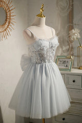 On Shoulder Dress, Gray Tulle Short A-Line Prom Dress, Cute Evening Party Dress